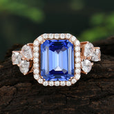 4CT Emerald Cut Sapphire 4 Prong Engagement Ring Vintage Classic Side Stones Halo Bridal Ring